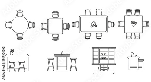 Furniture Layouts - Tables, Chairs, Cabinets, and Bar Designs.