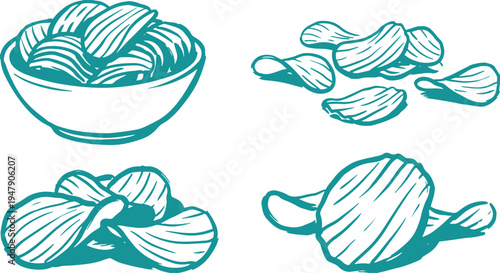 Hand Drawn Potato Chips Set Vector Illustration, Crispy Chips Snack Sketch Collection.
