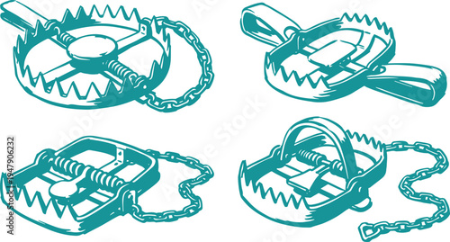 Hand Drawn Animal Trap Set Vector Illustration, Metal Bear Trap Sketch Collection.