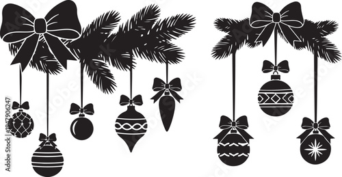 Black and white Christmas ornaments and pine branches