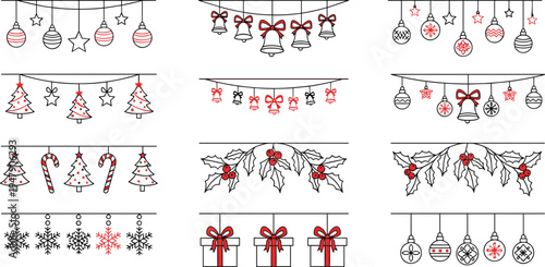 Christmas garland illustration set, festive hanging decorations, ornaments, trees, candy, snowflakes, gift boxes, seasonal clipart bundle