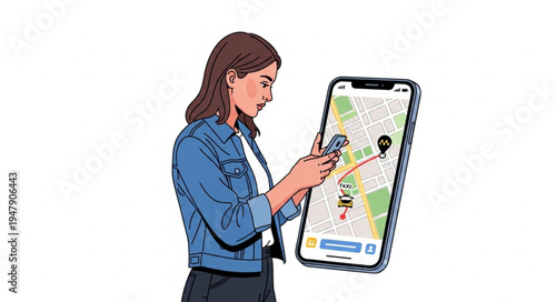 Woman using smartphone map navigation.