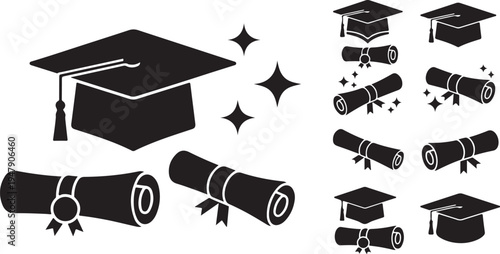 Graduation Cap and Diploma Icon Set Vector Graphics