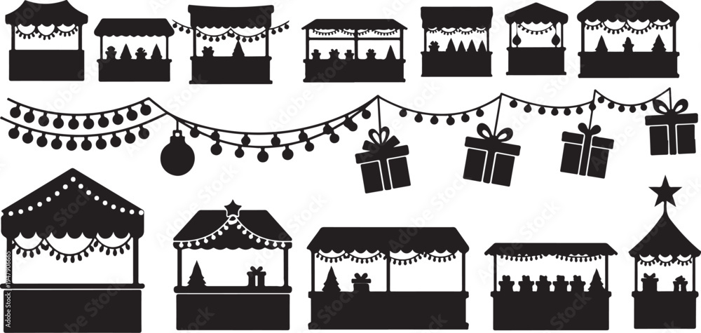 Naklejka premium Black and white Christmas market illustration set