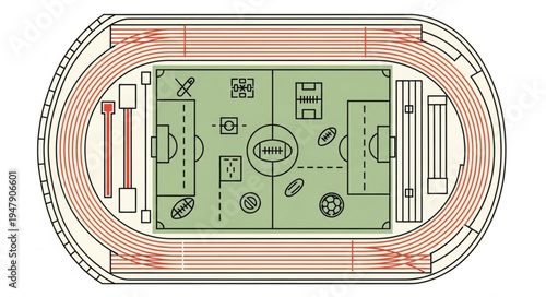 Overhead View of a Sports Stadium with Running Track.