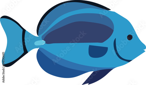 A blue fish with a happy face swimming right