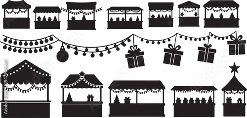 Black and white Christmas market illustration set