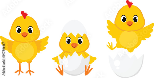 Three cartoon chicks hatching from egg