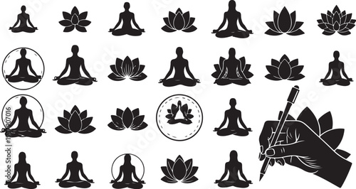 Yoga Meditation Silhouette Icons with Lotus Flowers