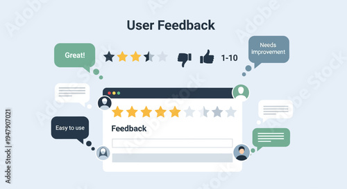 Illustration of user feedback with star ratings and comment bubbles.