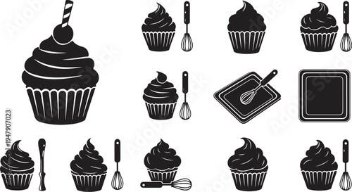 Black and white cupcake illustration set with baking tools