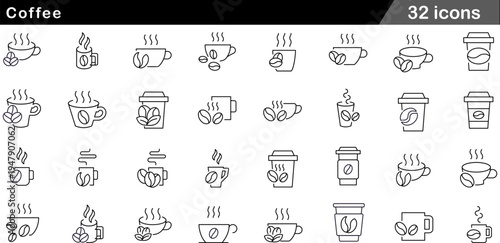 32 Coffee Icons Minimalist Line Art for Cafes and Hot Beverages