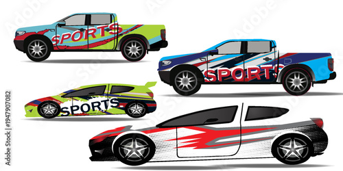 Vector image of a car design modified using custom car stickers. Adobe Illustrator artwork.