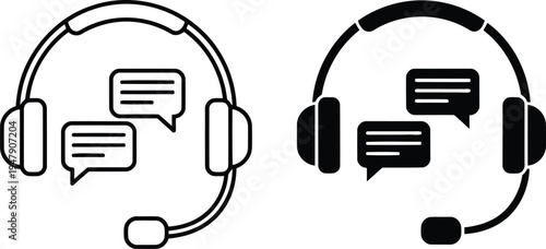 Black and white line art and solid silhouette icons of headphones with speech bubbles