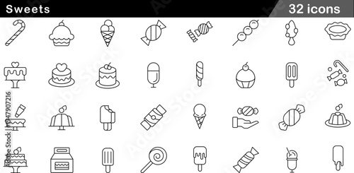 32 Sweets Icons Minimalist Line Art for Confectionery and Frozen Desserts