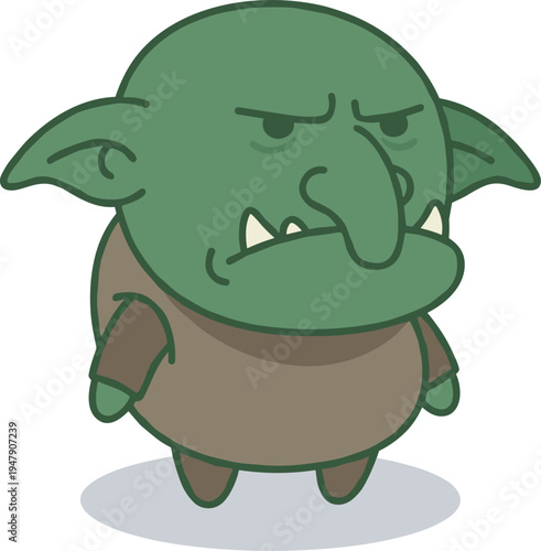 Angry green goblin cartoon character, funny fantasy monster mascot isolated vector illustration for kids game design