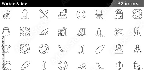 32 Water Slide and Water Park Icons Minimalist Line Art for Summer Fun and Aquatic Recreation