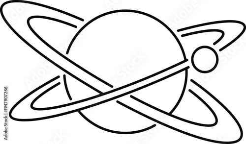 Black line art planet with rings and moon icon space