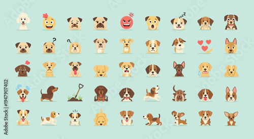 Collection of various dog emojis representing different breeds and expressions.