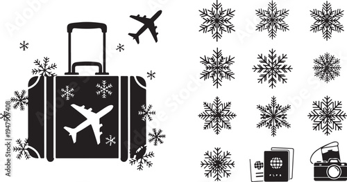 Winter Travel Vacation Snowflake Suitcase Airplane Icon Set