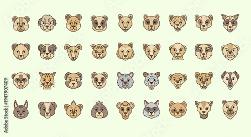 Collection of cute animal faces icons in cartoon style.