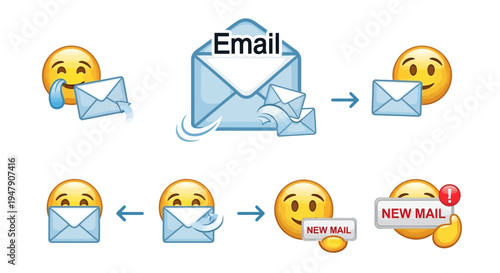 Illustration showing emotional reactions to receiving and opening email messages.