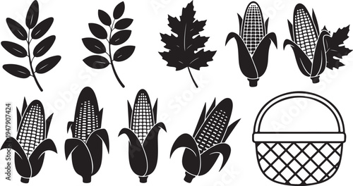 Black and white corn icons with leaves and basket
