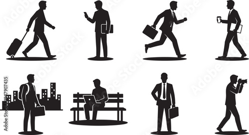 Business people silhouettes set, professional men walking running working commuting using phone laptop camera city lifestyle