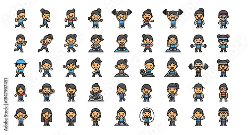 Set of diverse cartoon characters expressing various emotions and actions.