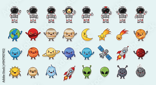 Cute cartoon astronauts, planets, stars, and aliens in colorful space-themed icons.