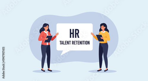 Human resources concept with two women holding a talent retention sign.