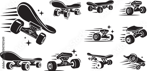 Collection of skateboards in motion graphics style