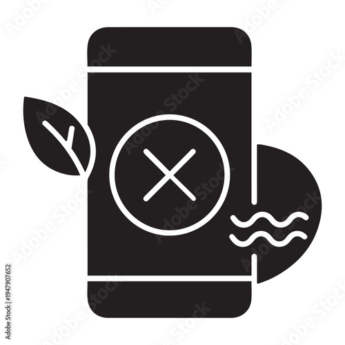Smartphone with leaf and waves, cross symbol indicating no signal or error, flat icon