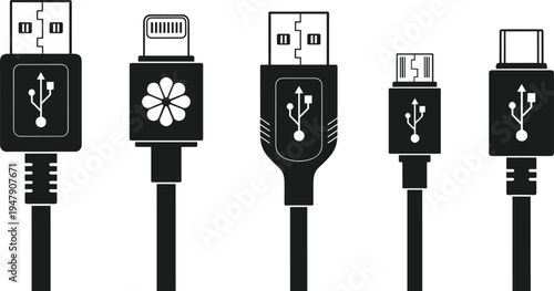 Set of USB cable connector icons, type C, lightning, micro USB, charging plug silhouettes, data transfer wire symbols, mobile accessories vector