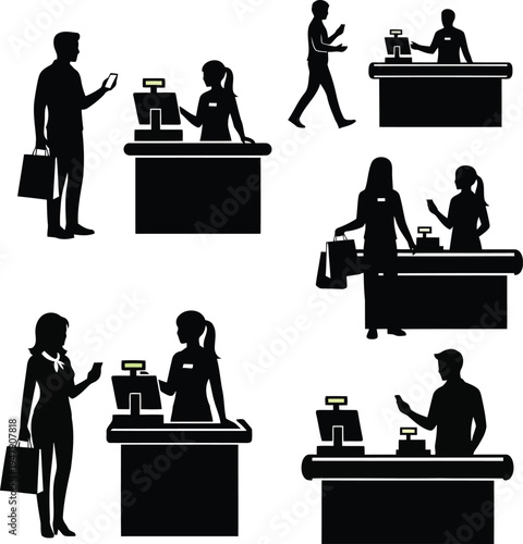 Silhouettes of people at cash registers and shopping