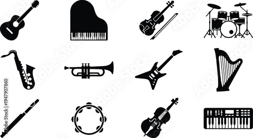 Set of 12 Black Silhouette Musical Instrument Icons Vector Collection for Music Education, Entertainment, and Performance Graphics