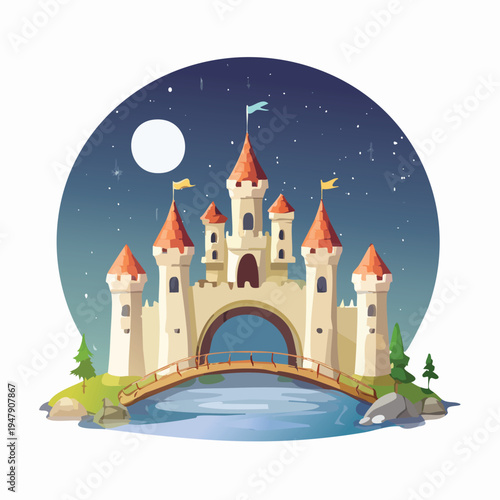 Magical fairytale castle illustration at night with full moon and starry sky, featuring medieval architecture, towers, and a charming bridge over tranquil water