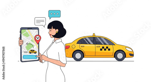 Woman Using Phone with Taxi.
