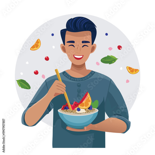 A vibrant illustration of a happy young man enjoying a refreshing and wholesome breakfast bowl filled with fresh fruits, grains, and greens for a healthy start to his day