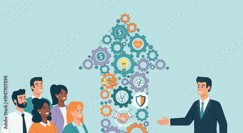 Business team discussing strategy with upward arrow made of gears and icons.