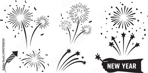 New Year Fireworks Celebration Silhouette Vector Graphics