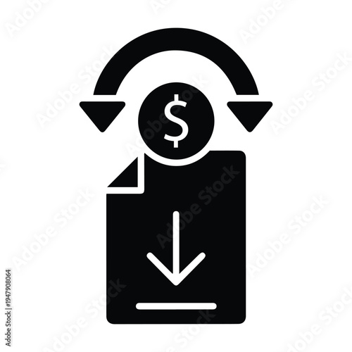 Money transfer icon with document, dollar sign, download arrow, and circular arrows, e commerce