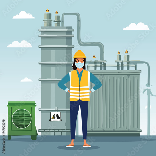 Confident female industrial worker wearing a safety vest, hardhat, and face mask, standing in front of a modern factory, symbolizing essential operations, production, and workplace safety standards