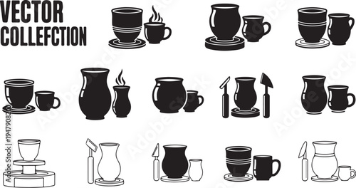 Vector collection of coffee cups and teapots icons