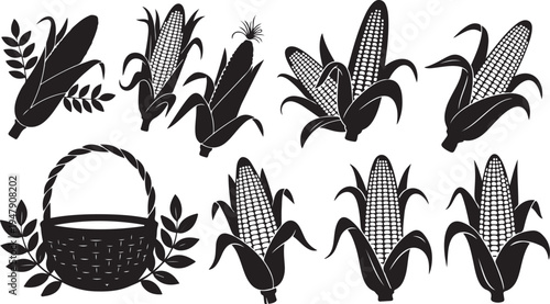 Black and white corn icons with basket illustration