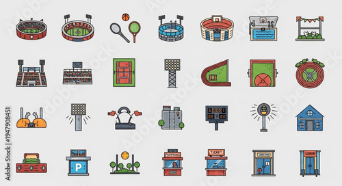Collection of Colorful Stadium and Sports Venue Icons for Design Projects.