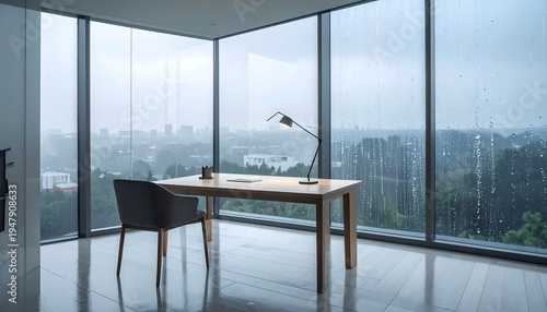 Modern executive desk in corner office with panoramic rainy city view through large windows