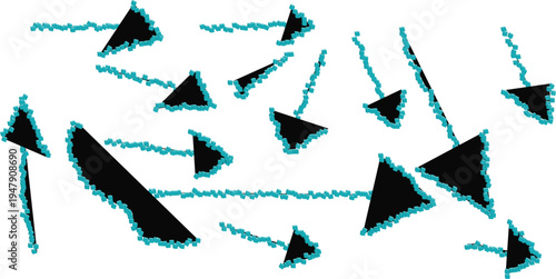 Dynamic abstract composition of fragmented black arrows with jagged blue outlines, conveying movement, direction, and artistic disruption in a minimalist design