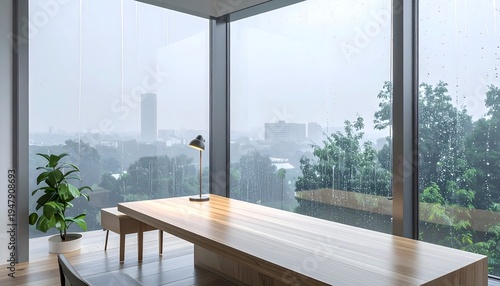 Serene wooden desk with green plant in luxury office overlooking rainy urban landscape