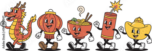 Chinese festival mascot characters parade, dragon lantern noodles firecracker gold ingot cartoon vector illustration set